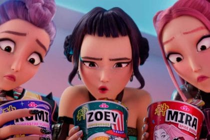 Ilustración promocional de Las guerreras K-pop, grupo de animación con estilo musical coreano en escenarios fantásticos