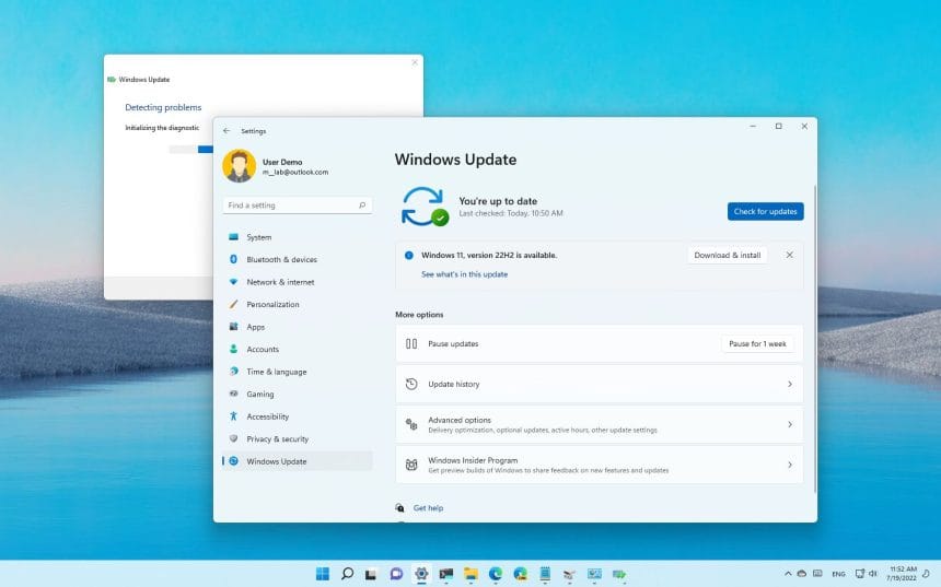Pantalla de configuración de actualizaciones de Windows 11 mostrando el estado de instalación y opciones de configuración