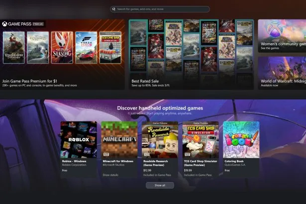 Interfaz de Xbox Mode en Windows 11 mostrando biblioteca de juegos