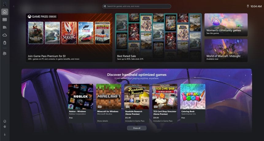Interfaz de Xbox Mode en Windows 11 mostrando biblioteca de juegos