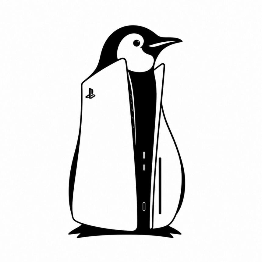 Logo de Linux junto al mando de PlayStation 5