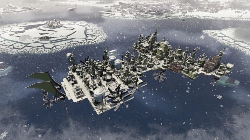 Captura de pantalla de Airborne Empire mostrando la ciudad voladora en la zona helada de Kingsfell