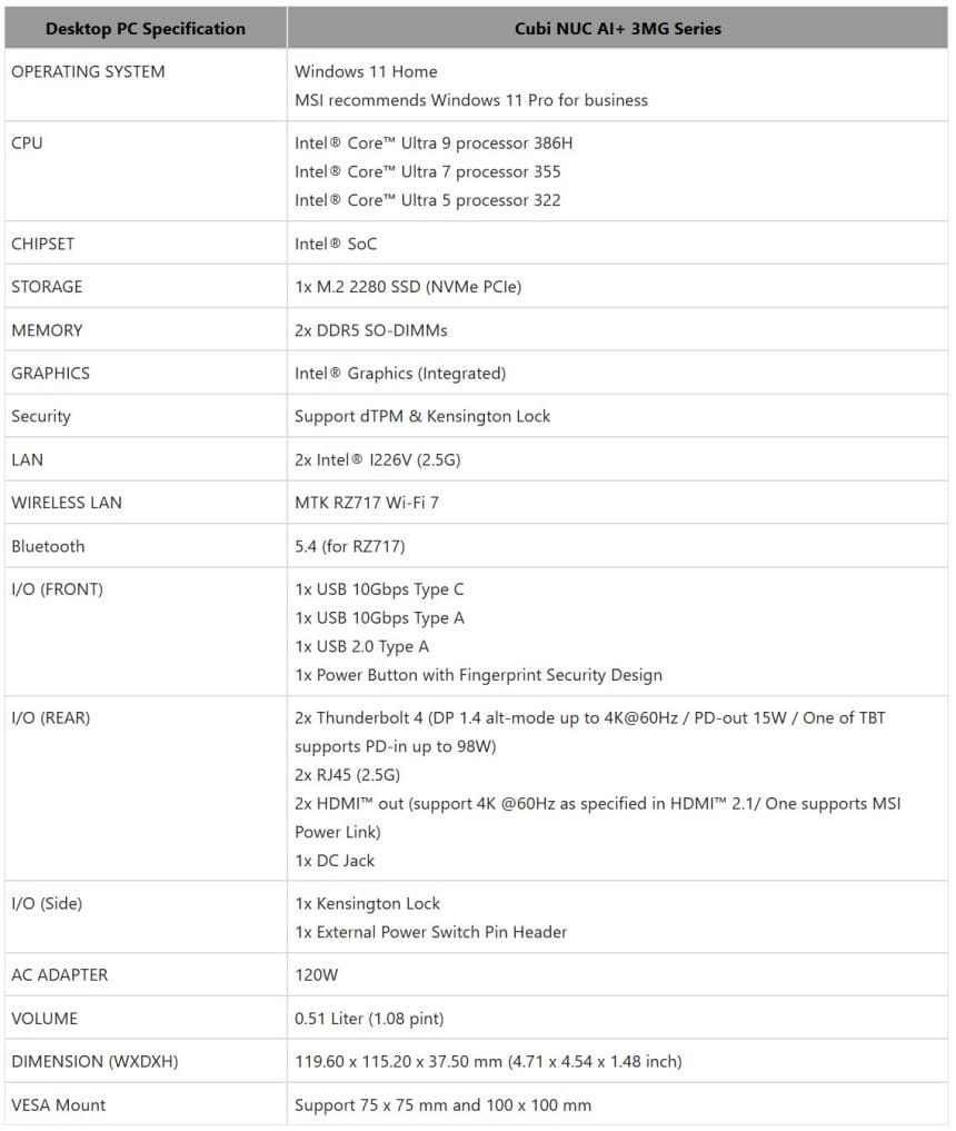 Ordenador MSI Cubi NUC AI 3MG compacto