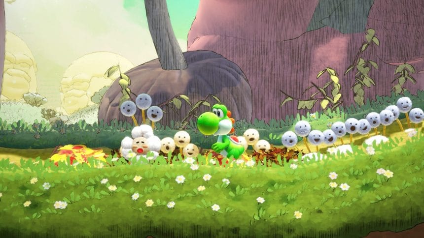 Yoshi explorando páginas animadas en Yoshi and the Mysterious Book