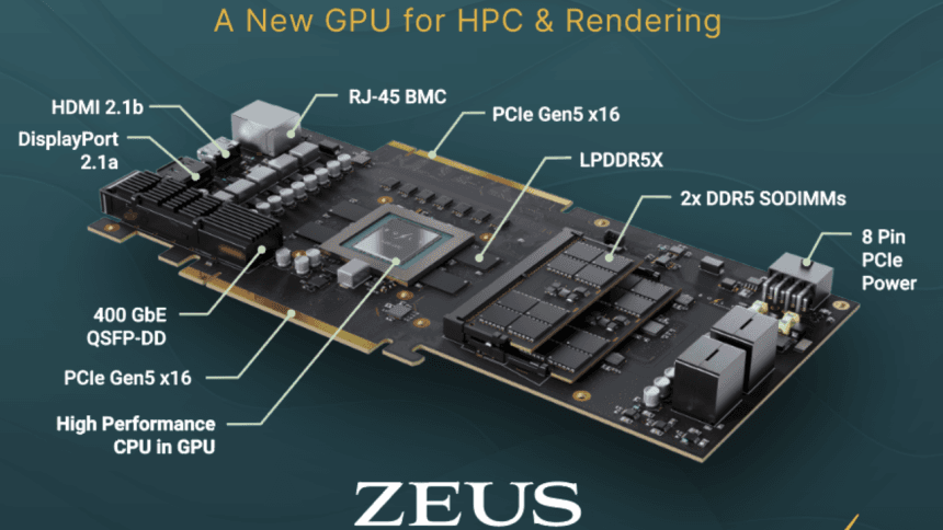 Chip de prueba de Zeus de Bolt Graphics sobre una placa de desarrollo