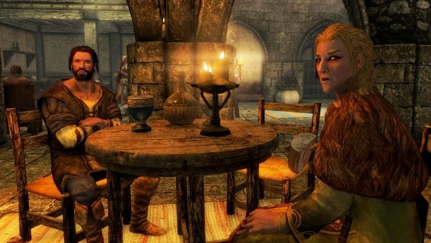 Pantalla de Skyrim con el mod Mantella y NPC interactuando mediante inteligencia artificial