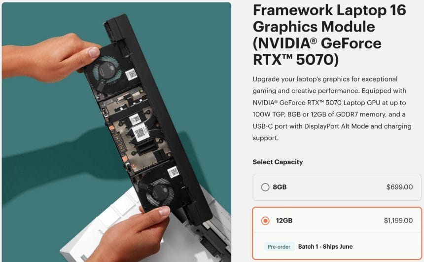 Framework Laptop 16 con módulo NVIDIA RTX 5070 instalado