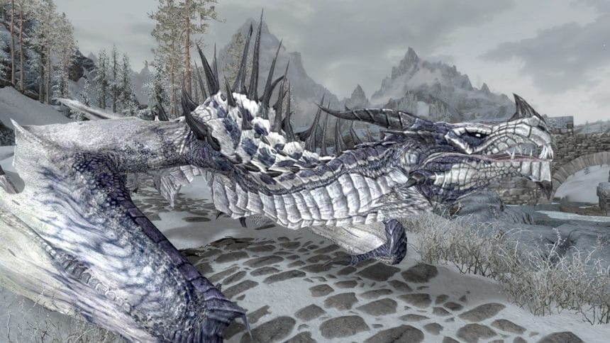 Captura del mod Dragon Debate en Skyrim mostrando un dragón y opciones de diálogo