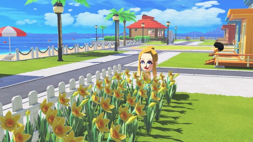 Captura del tráiler de Tomodachi Life: Una vida de ensueño mostrando personajes Mii en una isla flotante