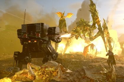 Pantalla de juego de Helldivers 2 mostrando exotrajes en combate