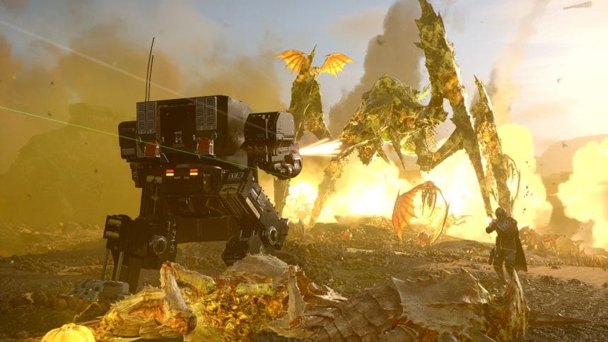 Pantalla de juego de Helldivers 2 mostrando exotrajes en combate