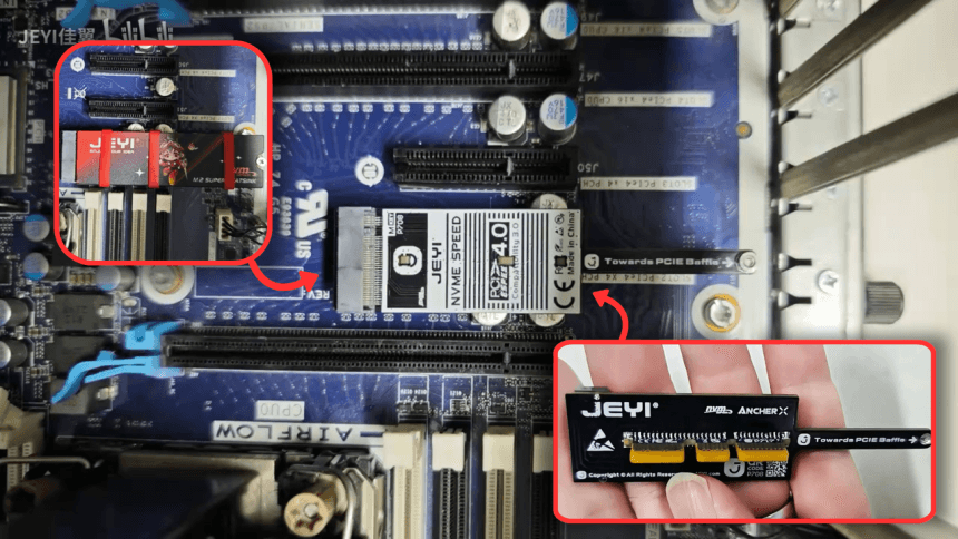 Adaptador plano JEYI ArcherX instalado en placa base