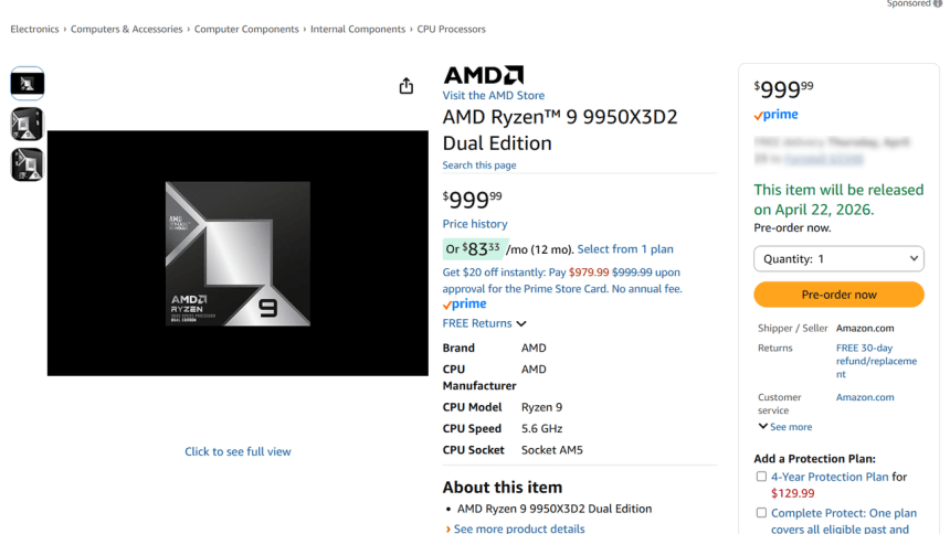 AMD Ryzen 9 9950X3D2 listado en Amazon con precio alto