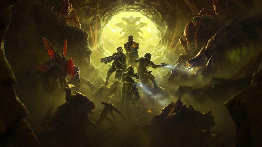 Póster conceptual de la película de Helldivers mostrando a Jason Momoa en traje de combate