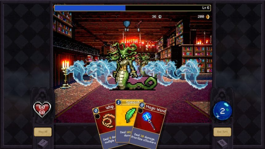 Pantalla de Vampire Crawlers mostrando combate con cartas