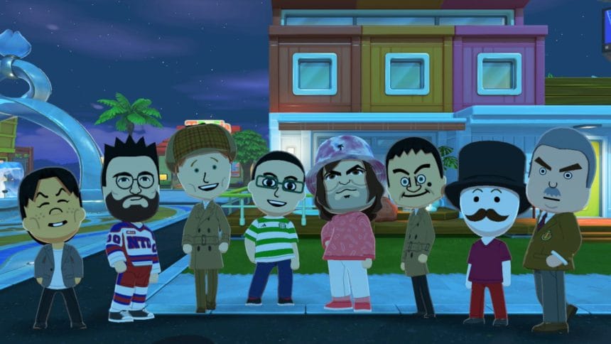 Captura de pantalla de Tomodachi Life Living the Dream con personajes Mii en una isla