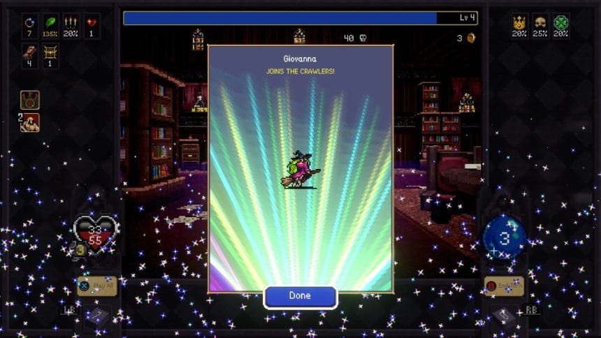 Pantalla de Vampire Crawlers con evoluciones de armas y cartas