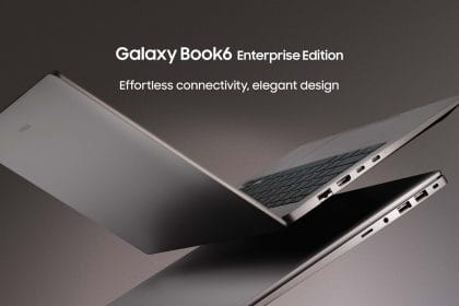 Portátil Samsung Galaxy Book6 Enterprise Edition sobre mesa de oficina