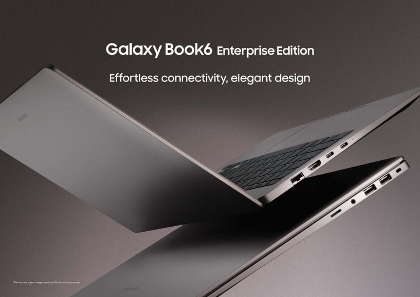 Portátil Samsung Galaxy Book6 Enterprise Edition sobre mesa de oficina