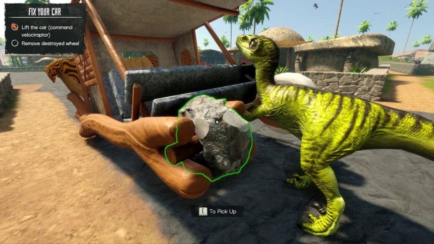 Captura de Primal Repairs mostrando un velociraptor asistente y un entorno prehistórico