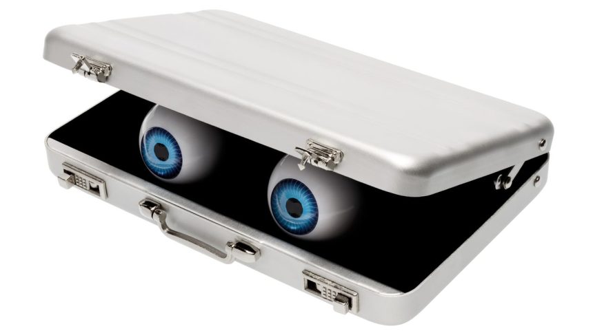 Maleta con ojos saltones que alberga un chatbot en maleta Sparky