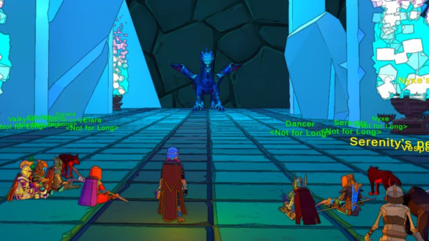 Captura de pantalla de Erenshor mostrando una raid con jugadores simulados
