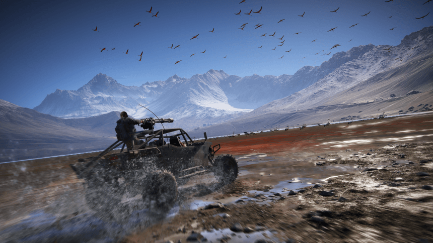 Captura de Ghost Recon Wildlands con personaje en helicóptero