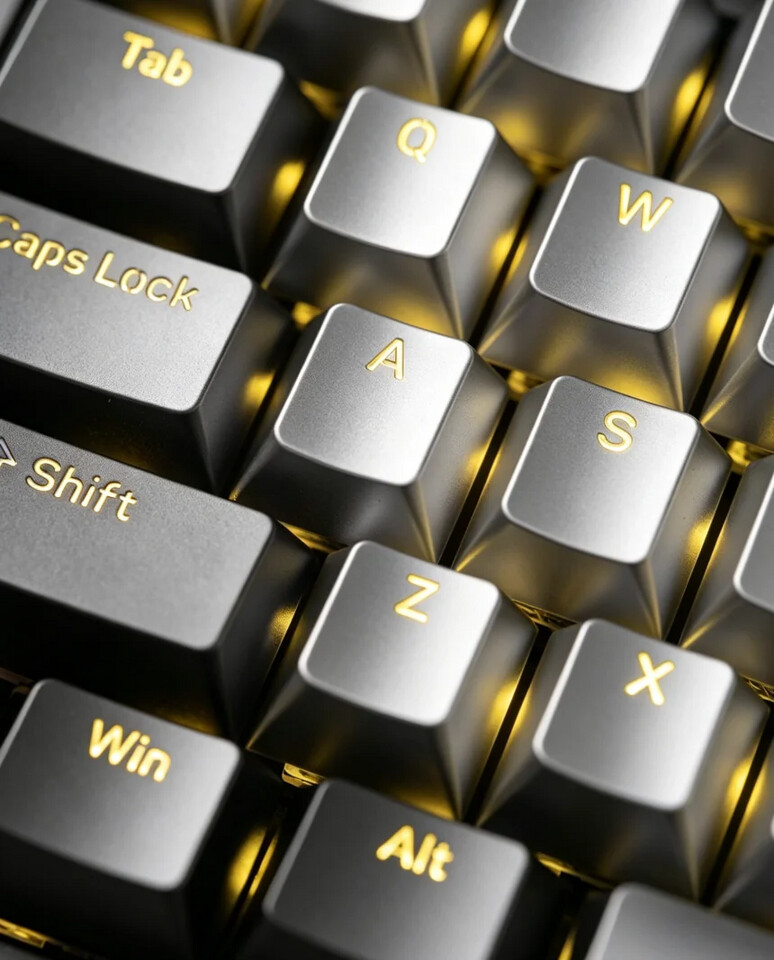 Prototipo de keycaps metálicas shine-through de Awekeys vista frontal