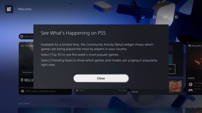 Widget beta de actividad comunitaria en el Welcome Hub de PS5