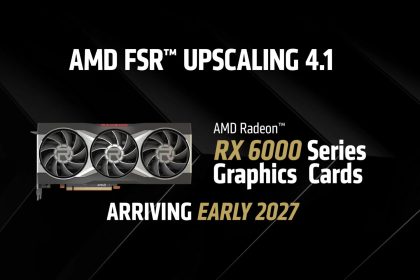 Logo de AMD FSR Upscaling 4.1 y tarjetas gráficas Radeon RX serie 7000 y 6000
