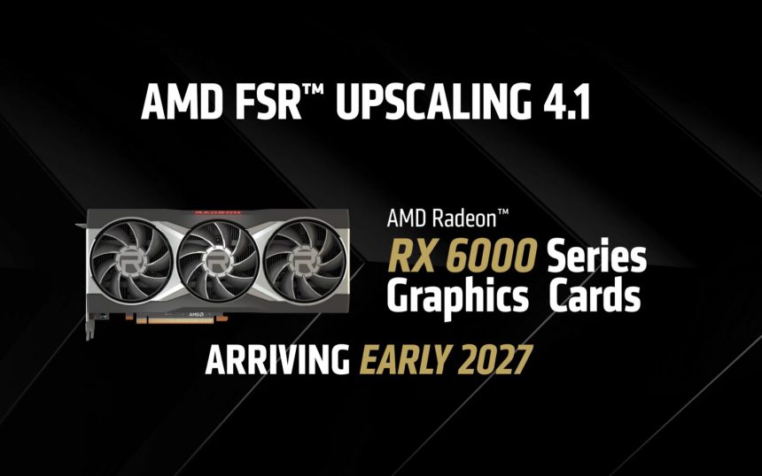Logo de AMD FSR Upscaling 4.1 y tarjetas gráficas Radeon RX serie 7000 y 6000