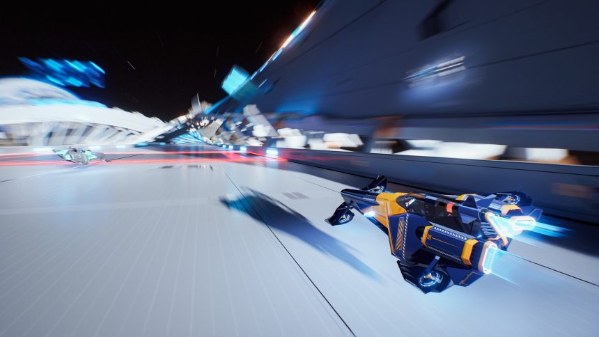 Captura de AGX GP mostrando carreras antigravitatorias y diseño futurista