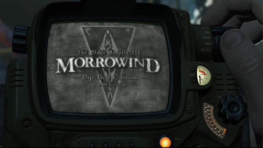 Pantalla del Pip-Boy mostrando el juego Morrowind dentro de Fallout 4