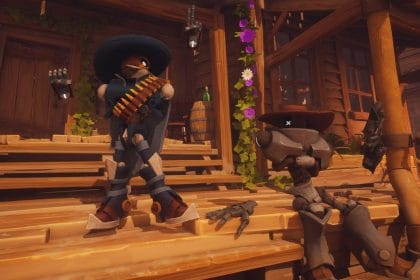 Pantalla de juego de Far Far West con cowboys robotizados