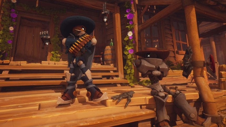 Pantalla de juego de Far Far West con cowboys robotizados