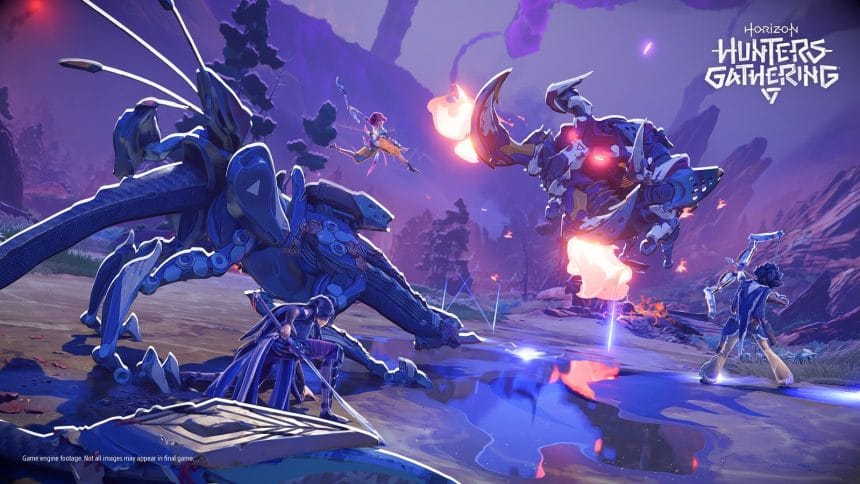 Captura de Horizon Hunters Gathering mostrando a los personajes Ensa y Shadow