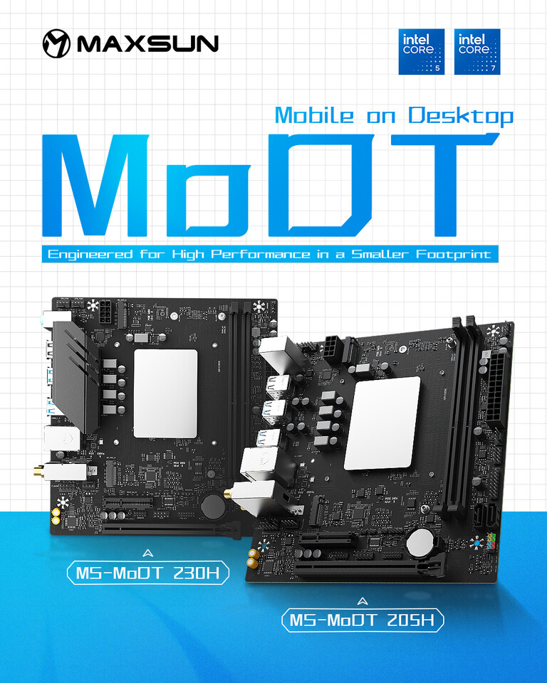 placas base MaxSun MS-MoDT 230H y 205H con procesadores Intel Core H-Series