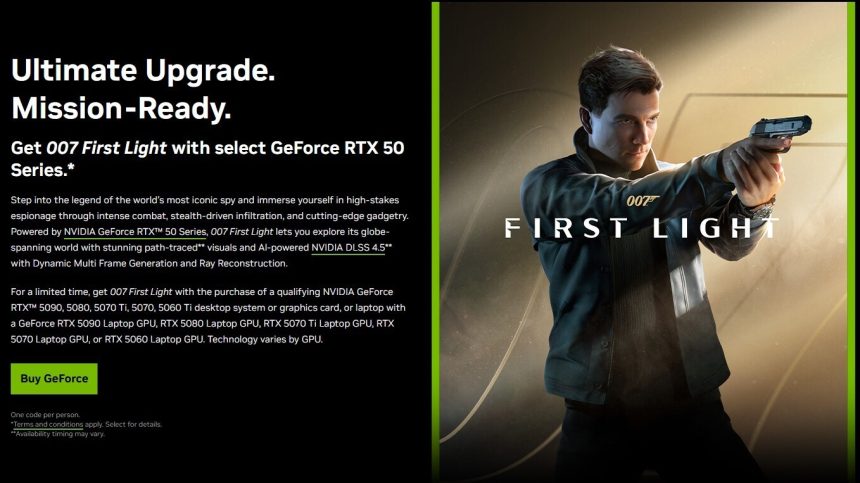 Tarjeta gráfica NVIDIA GeForce RTX 50-Series con caja de juego de 007 First Light