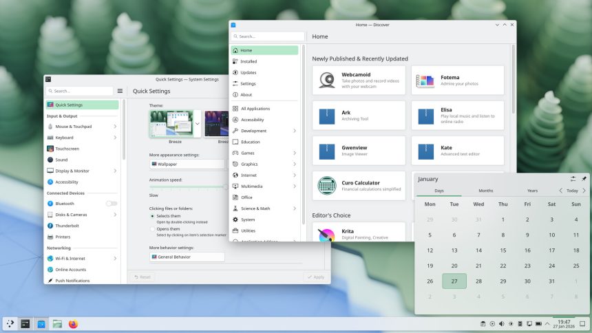 Interfaz del escritorio KDE Plasma mostrando mejoras visuales y rendimiento