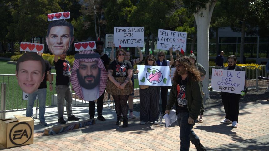 Protesta frente a la sede de Electronic Arts contra la adquisición por Arabia Saudí