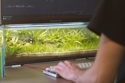 Acuario para escritorio situado bajo dos monitores Acer Predator