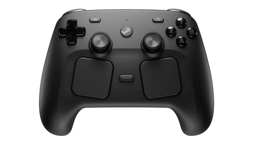 Steam Controller en una mano mostrando sus paneles táctiles y botones