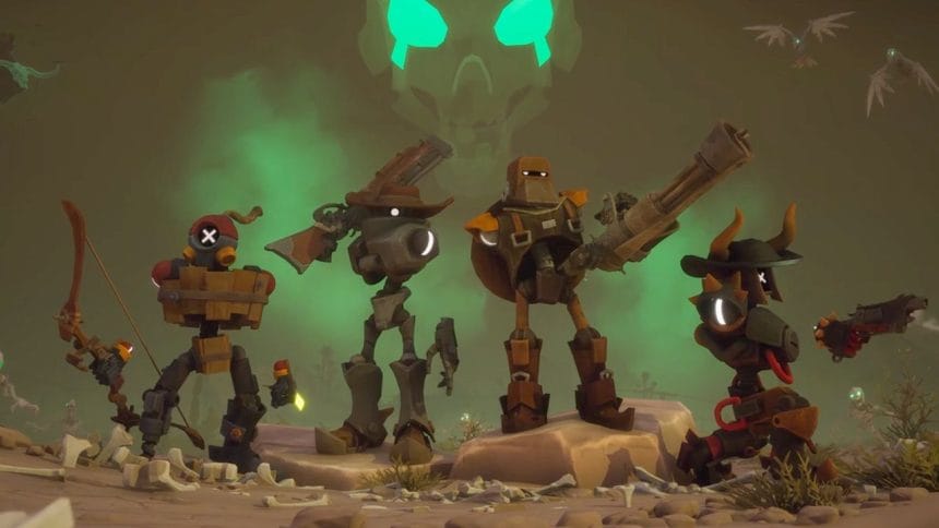 Gameplay de Far Far West mostrando robo vaqueros en acción