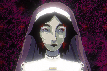 Captura de Metamorphosis mostrando a la monja protagonista en un entorno oscuro y pixel art