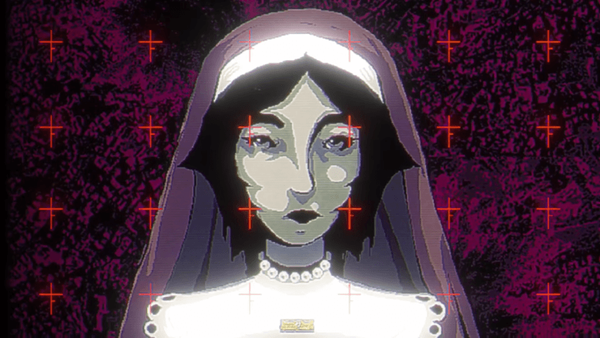 Captura de Metamorphosis mostrando a la monja protagonista en un entorno oscuro y pixel art