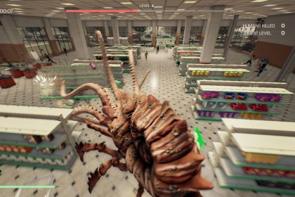 Captura de pantalla del videojuego You Are the Monster mostrando un monstruo gigante destruyendo una ciudad