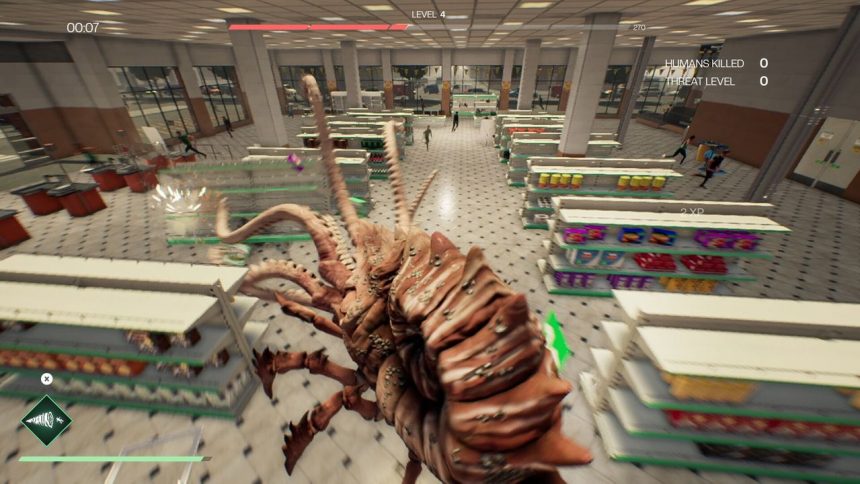 Captura de pantalla del videojuego You Are the Monster mostrando un monstruo gigante destruyendo una ciudad
