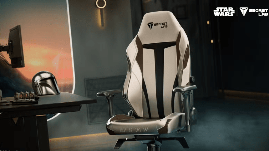 Silla gaming Secretlab Mandalorian Titan Evo con acabado cromado similar a armadura Beskar